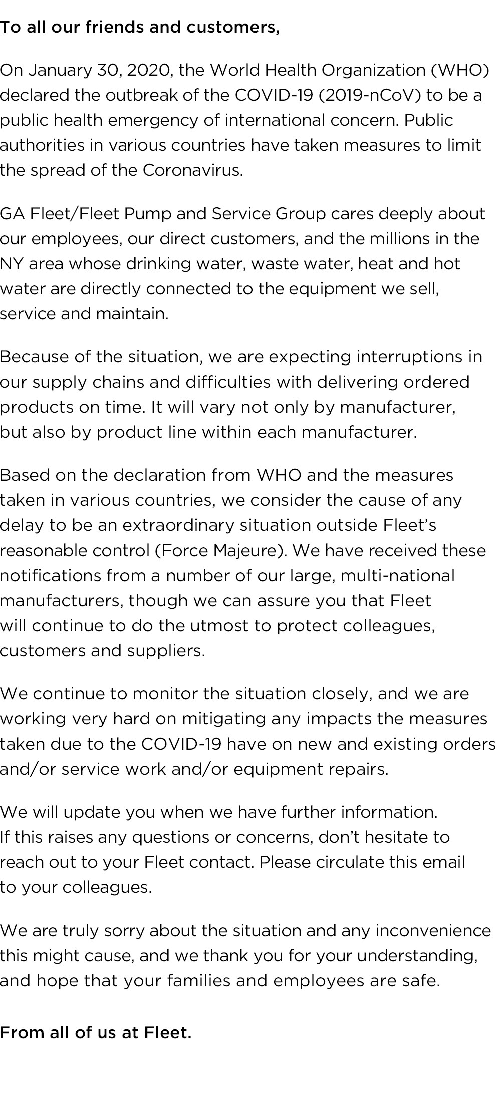 Fleet Information on the COVID-19 Virus